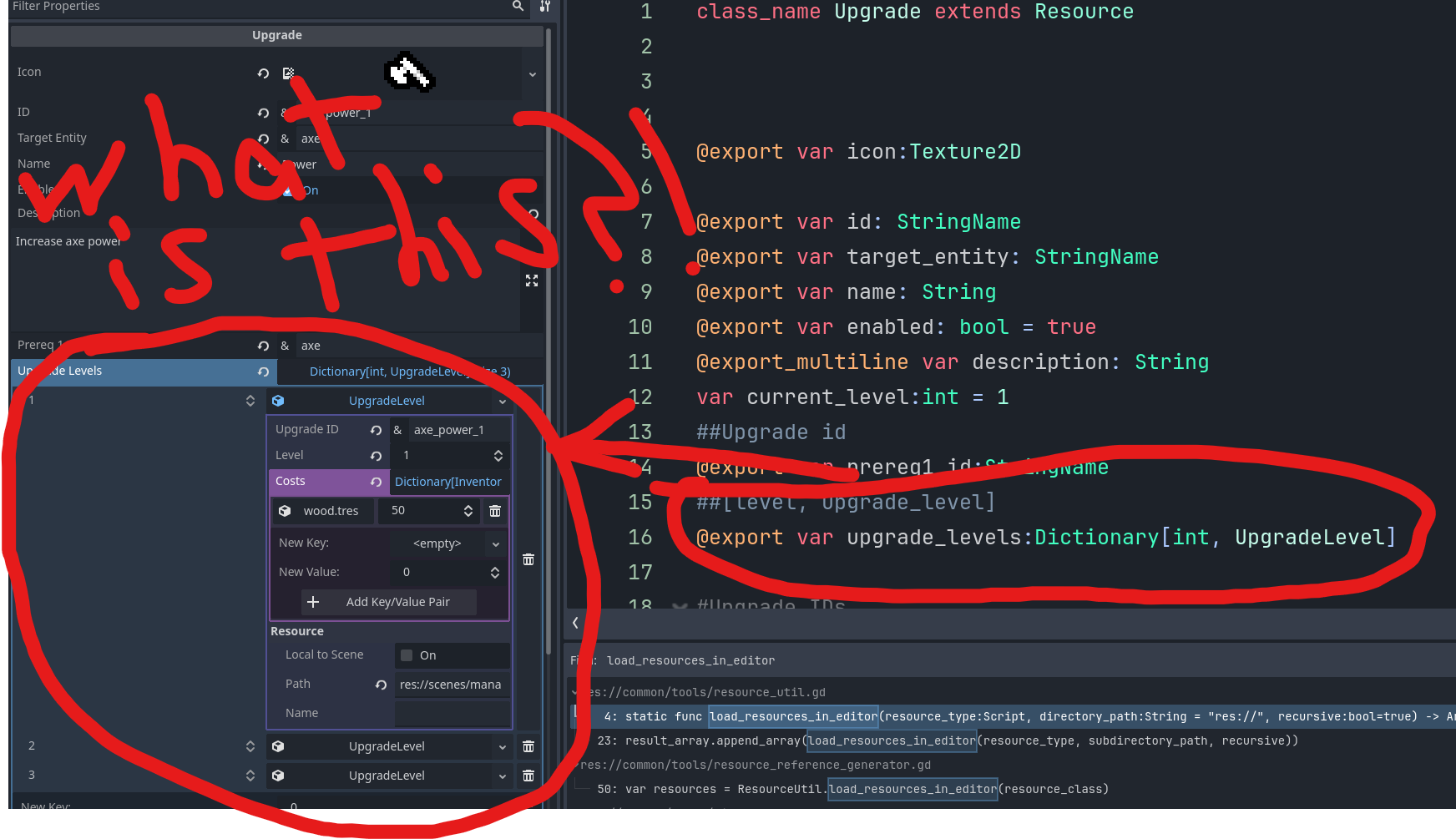 Screenshot of Godot editor with the resource manager circled and scrawled text "What is this?"