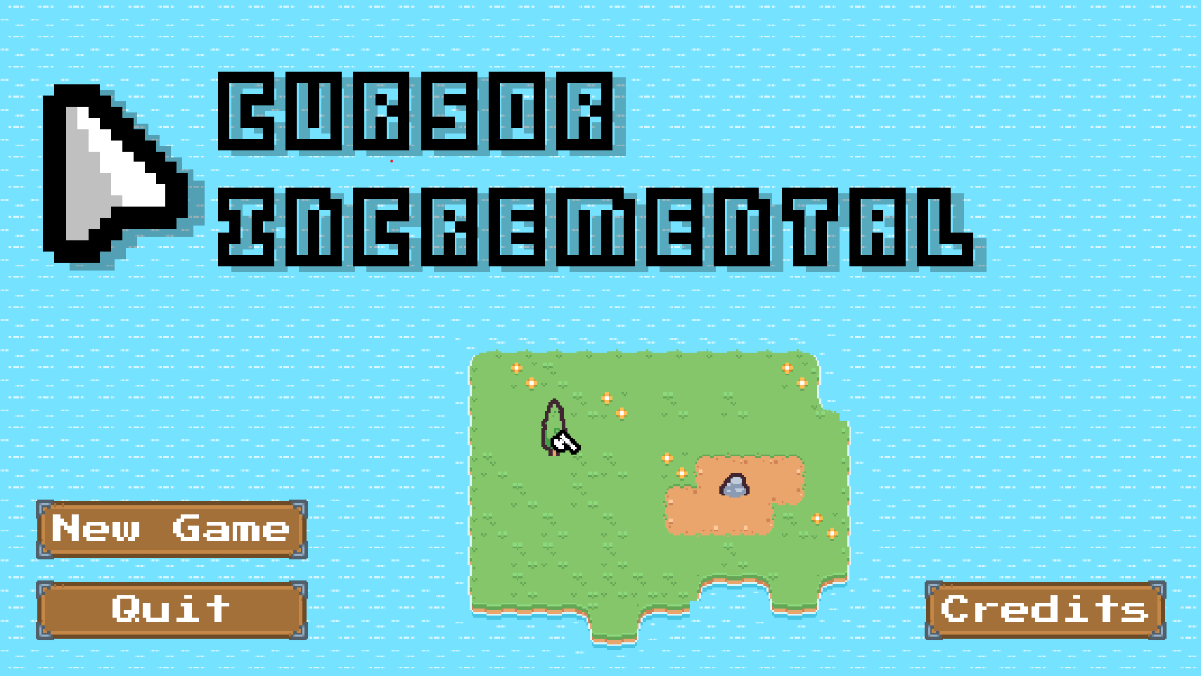 Title screen of pixel art game Cursor Incremental showing a small island with a tree and rock and an axe cursor